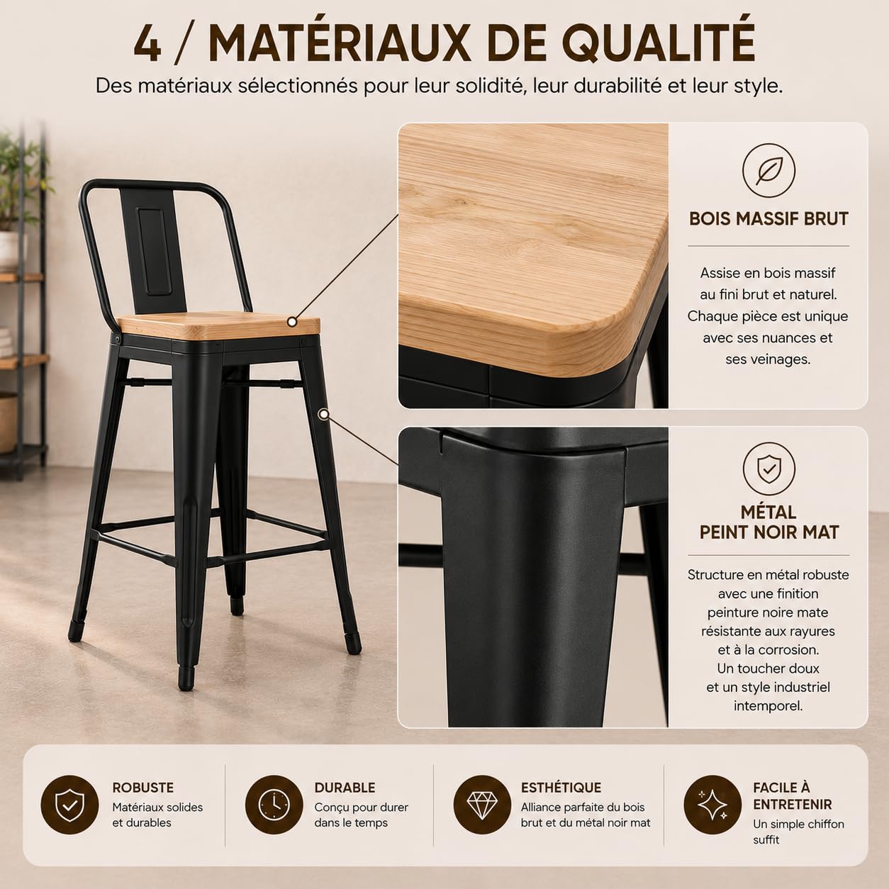 Kosmi Lot de 4 Tabourets de Bar Industriels Hauteur 76 cm avec Dossier – Métal Noir Mat et Assise Bois Clair Naturel – Chaises de Bar pour Îlot de Cuisine, Snack, Mange-Debout, Restaurant