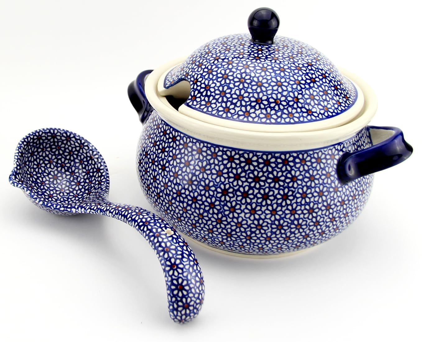 Polish Pottery Market 3.17-Quart Soup Tureen with Ladle by Zaklady Boleslawiec – Handcrafted Polish Stoneware Covered Soup Tureen with Ladle for Serving Soup and Stews