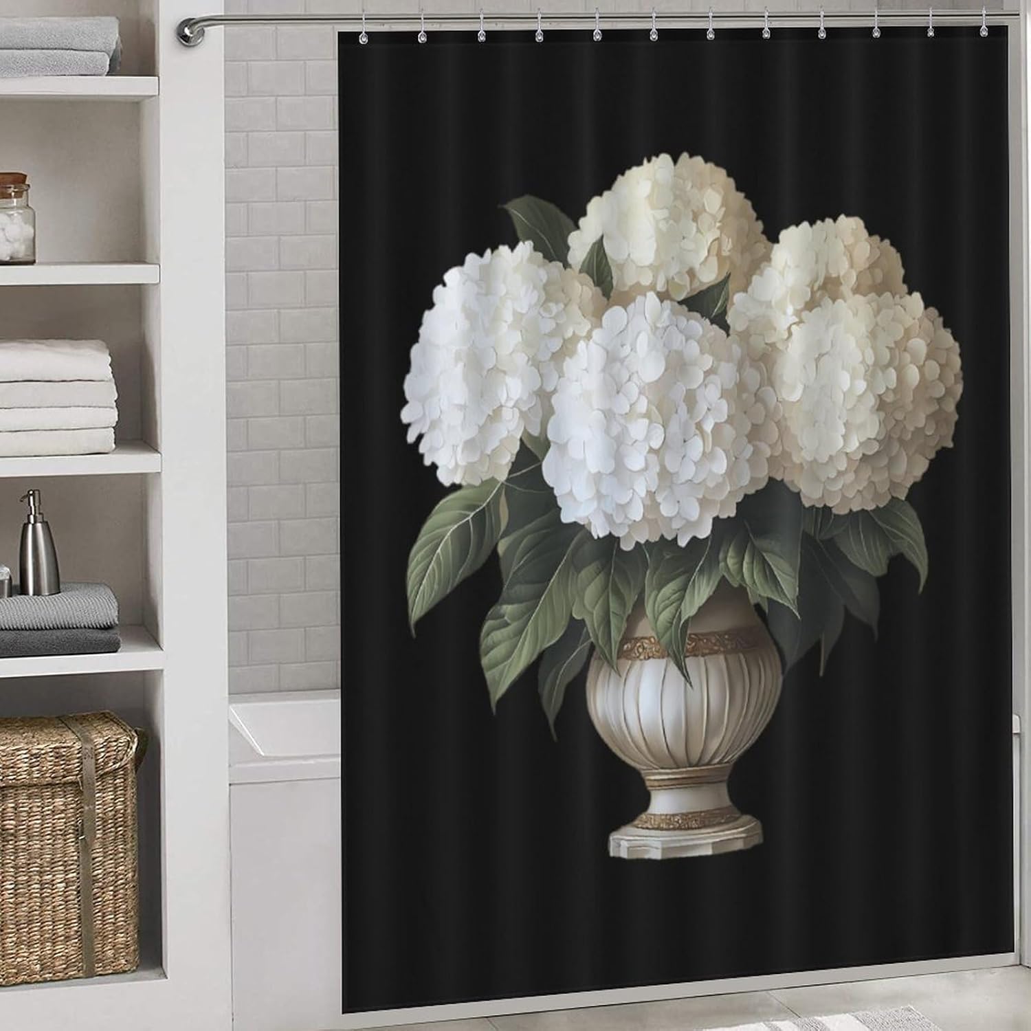 White Hydrangeas Flower Funny Shower Curtains Washable Bath Curtain Liner with Hooks for Bathroom Bath Tubs