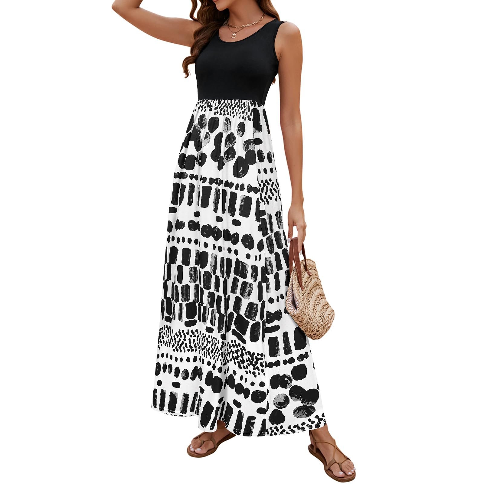 Sherosa Women Boho Chevron Striped Floral Printed Summer Sleeveless Tank Long Maxi Party Dress