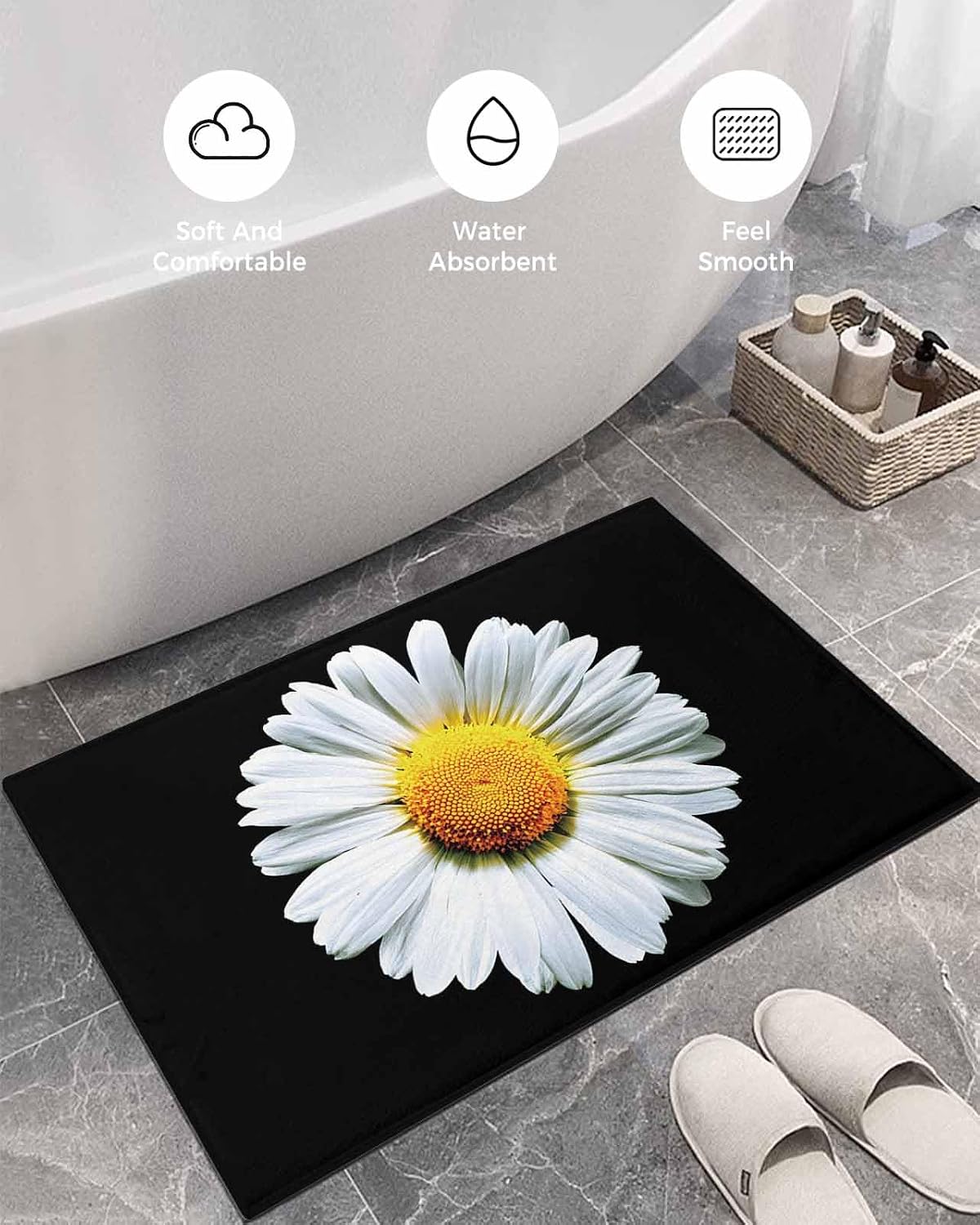 Indoor Doormat Pastoral Wildflower White Daisy,Shaggy Floor Mat with Non-Skid Backing Classic Black Background,Machine Washable Plush Area Rug Carpets for Kitchen Nursery Bedroom