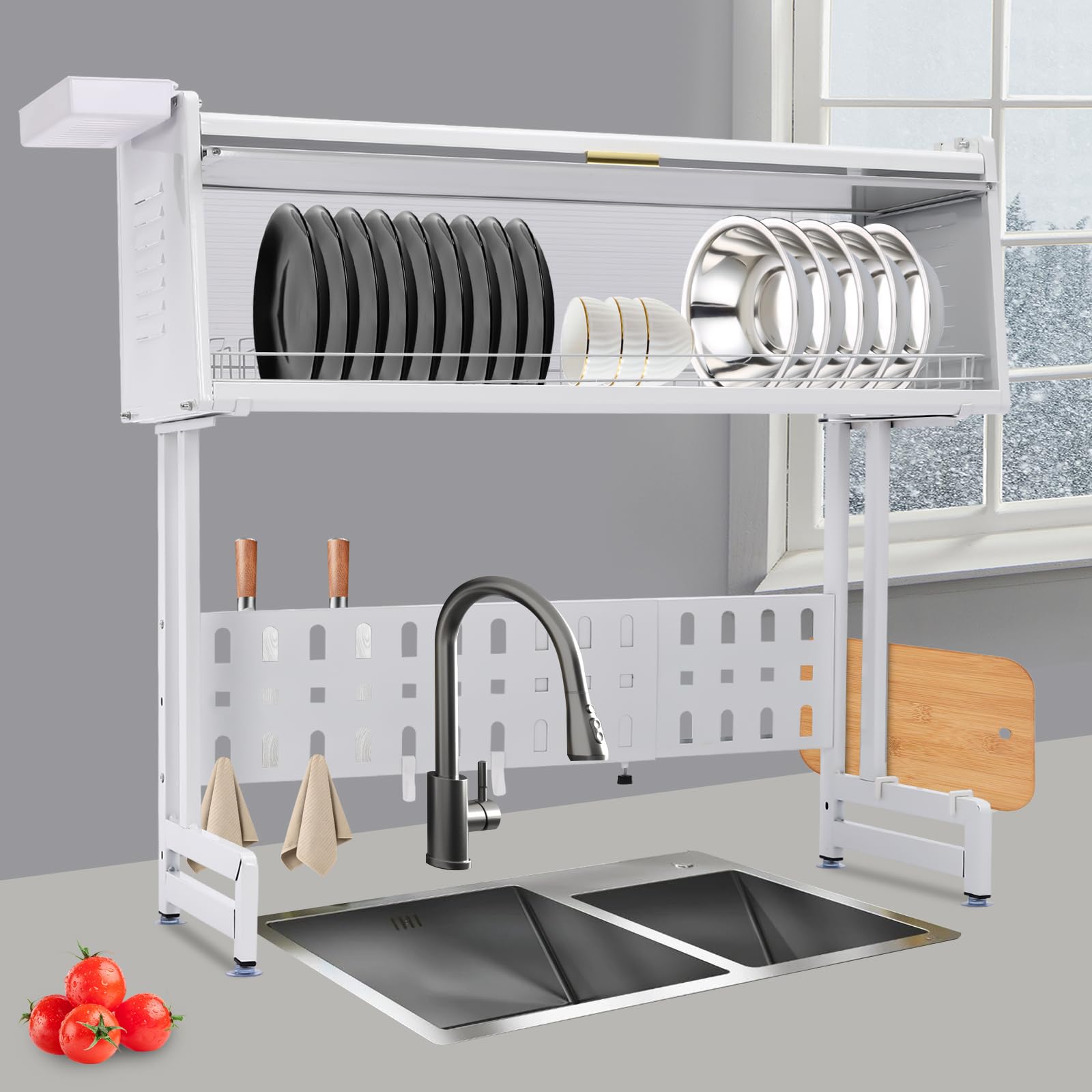 Abtropfgestell Geschirr Trockengestell über der Spüle, 3 Ebenen Kohlenstoffstahl Geschirrständer Dish Drying Rack, Erweiterbar Geschirrabtropfgestell Großes Geschirrtrockner für Küchentheke (Weiß)