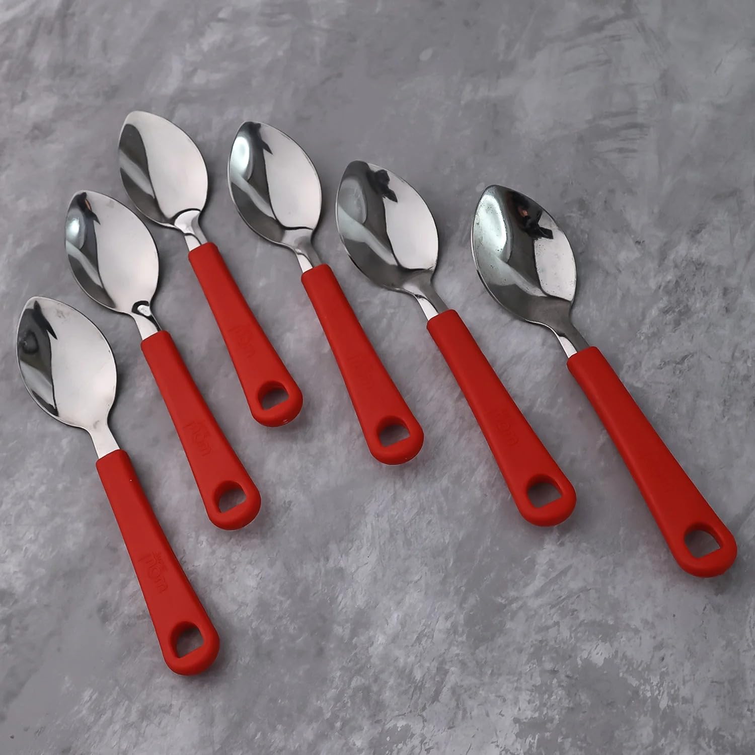 SUPERMOM Spoon Set for Kitchen 6 Pc – Stainless Steel Spoons with Plastic Handle – Baby Feeding & Kids Cutlery – Durable, Rust-Resistant, Dining Spoon Set for Home Kitchen, Dinning & Daily Use (Red)