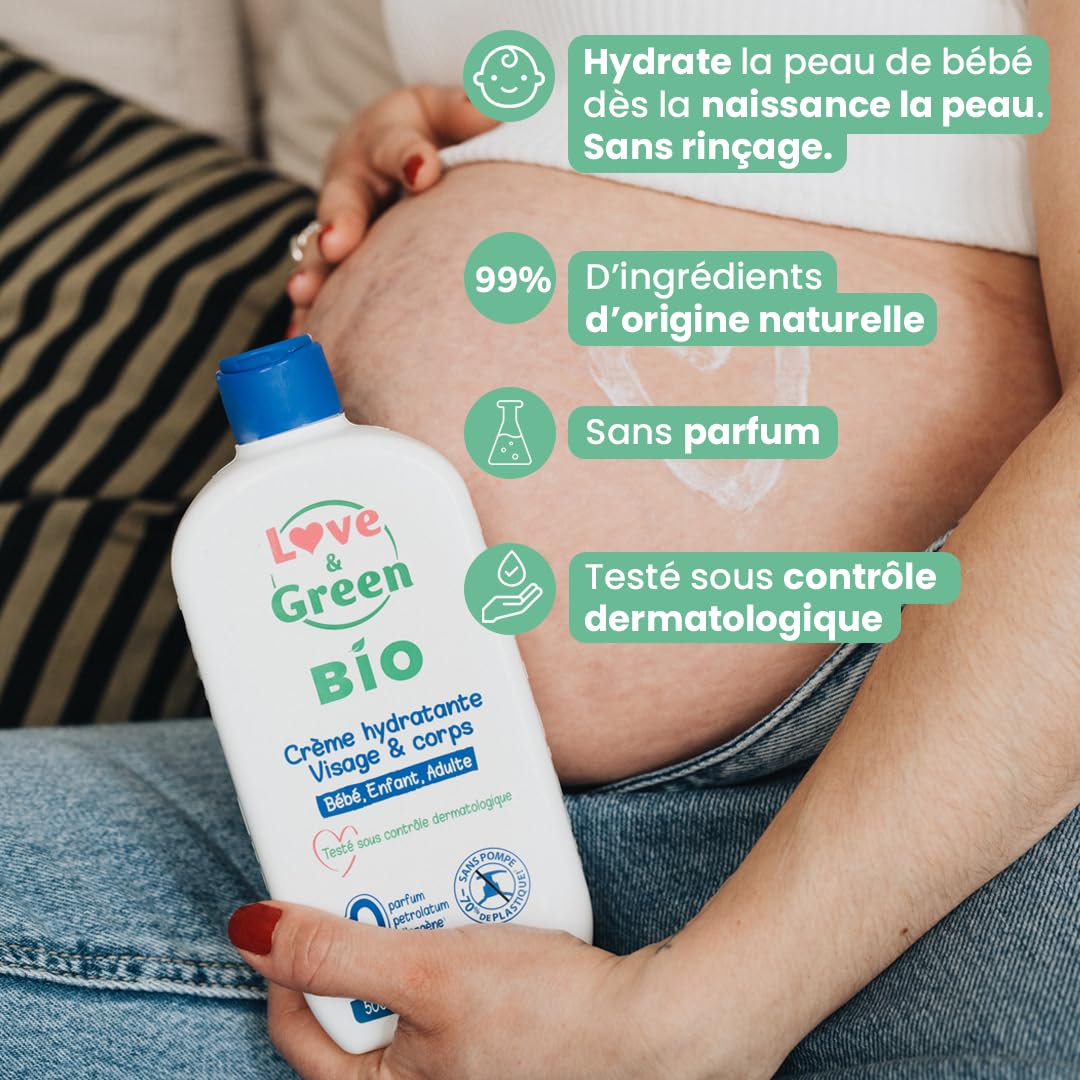 Love & Green - Crème Hydratante Visage/Corps Bio 0% 500 ml - Fabriqué en France