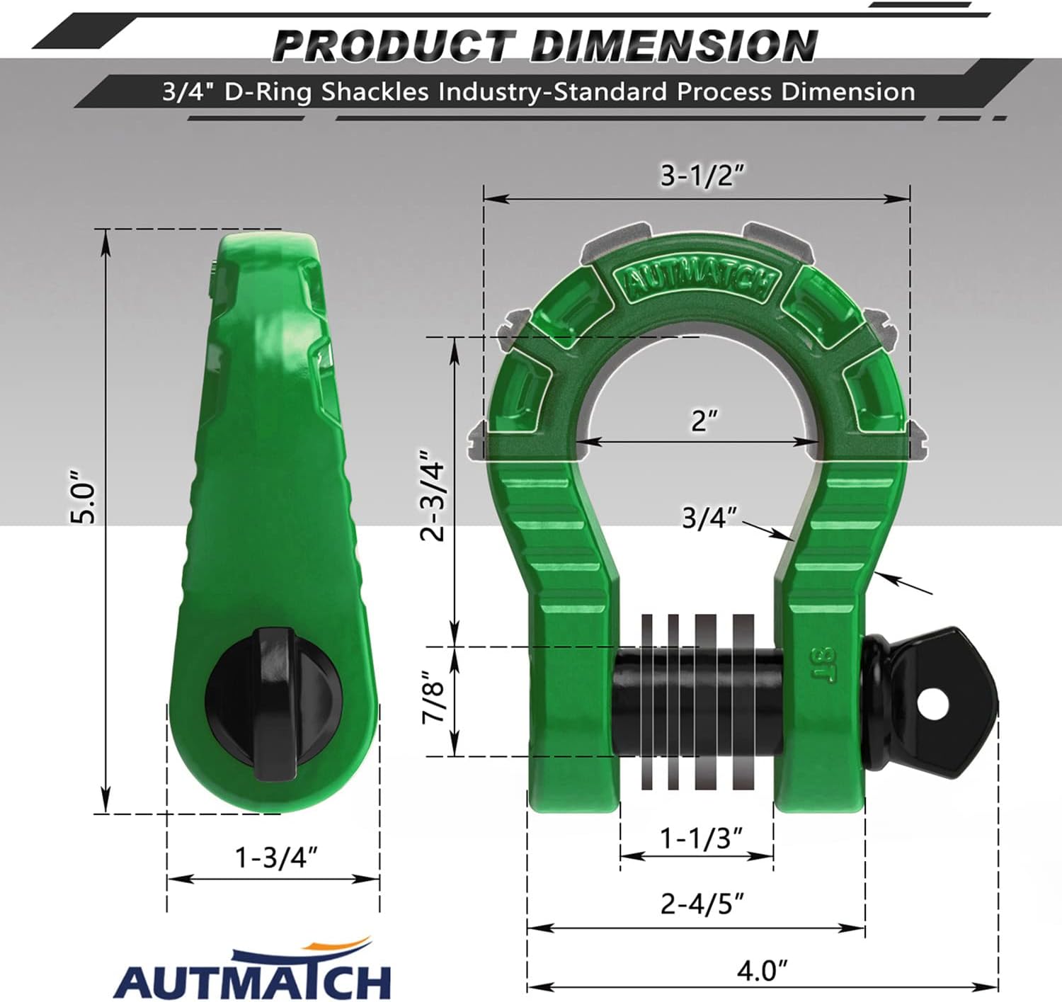AUTMATCH Mega D Ring Shackles with Shackle Mount, Bolt On Clevis Mount Bumper Shackle Bracket, Use with Tow Strap, Winch, Off-Road Vehicle Recovery Truck, Dark Green