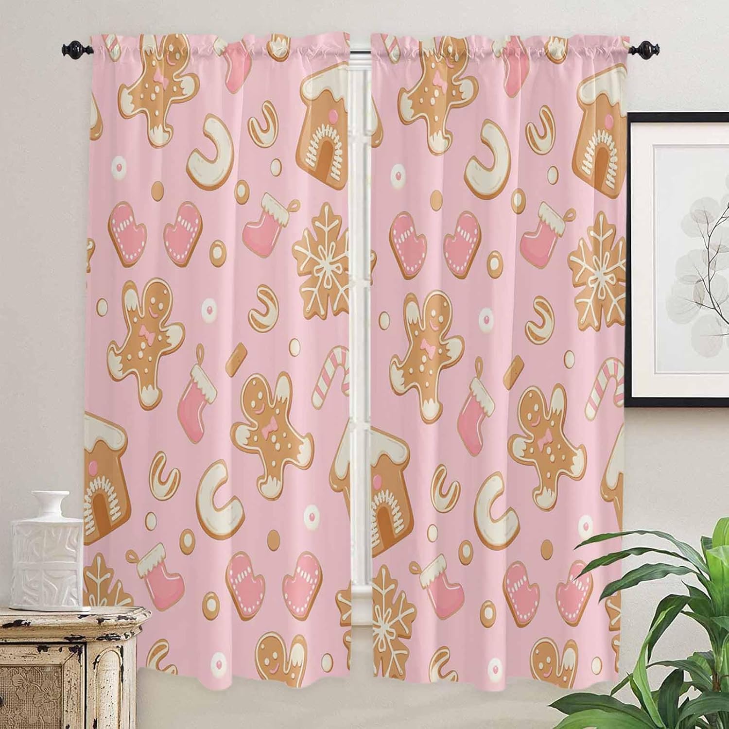 Pink Christmas Kitchen Curtains, Xmas Gingerbread Winter Cane Candy Snowflakes Light Filtering Window Curtain Panels, 2Pcs Rod Pocket Window Treatments Set for Living Room Bathroom Bedroom 52''x72''