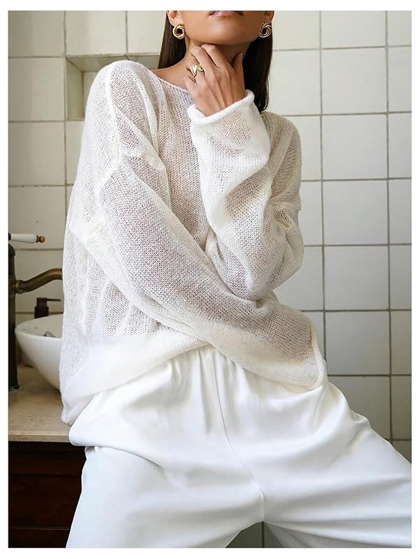 RoseSeek Women's Cover Up Sheer Mesh Long Sleeve See Through Sweater White by RoseSeek - Used condition - Image 4