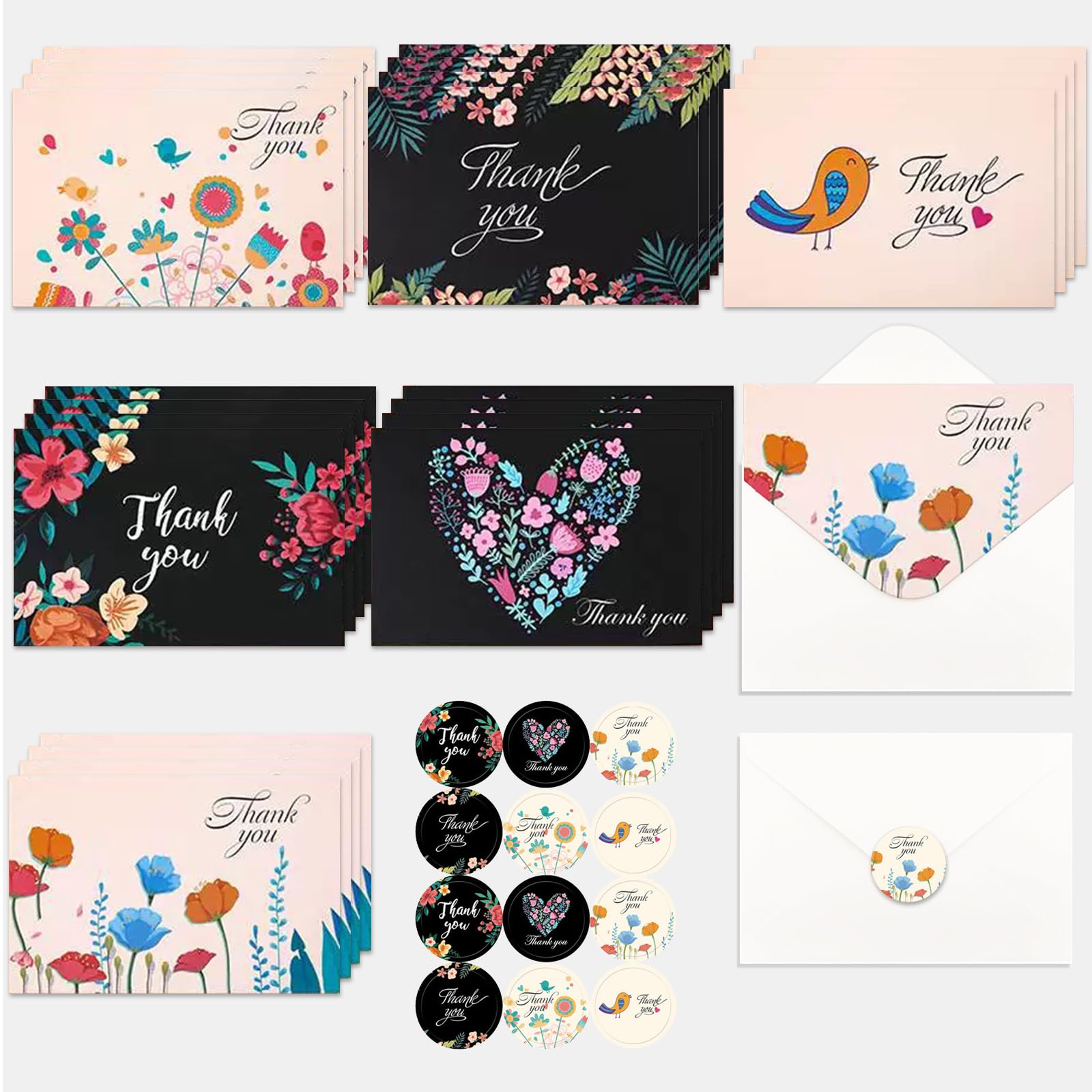 Thank You Card, 24 Pack Blank Thank You Cards with Envelopes and Stickers With Spring Flower & Bird Designs for Wedding Birthday Business Anniversary Graduation Holiday, 4 x 6 Inch/ 6 Designs