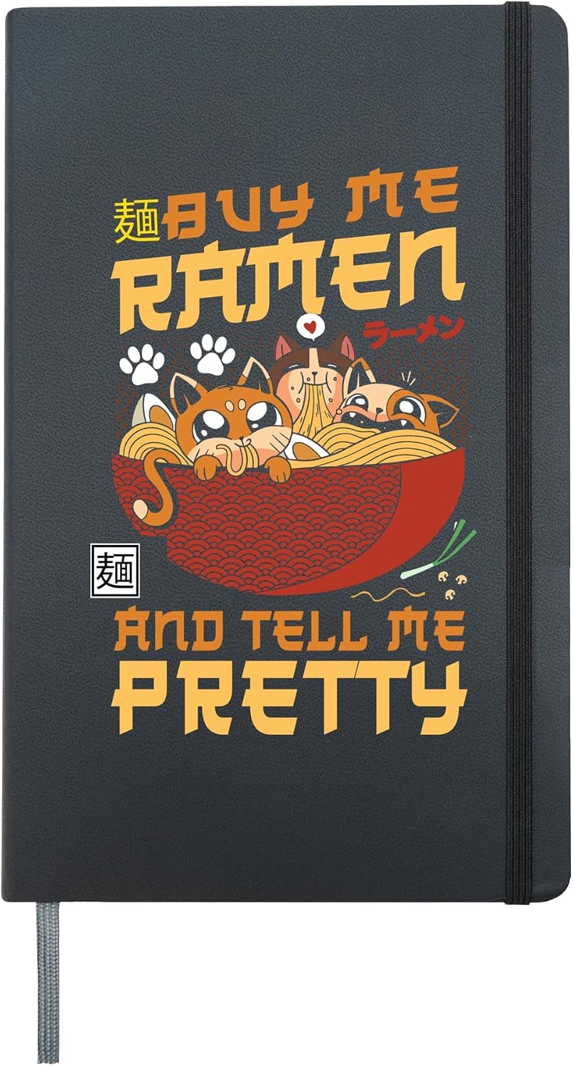 Ramen Noodle Bowl Love Japanese Kawaii Cat Buy Me Ramen And Hardcover Journal, Black