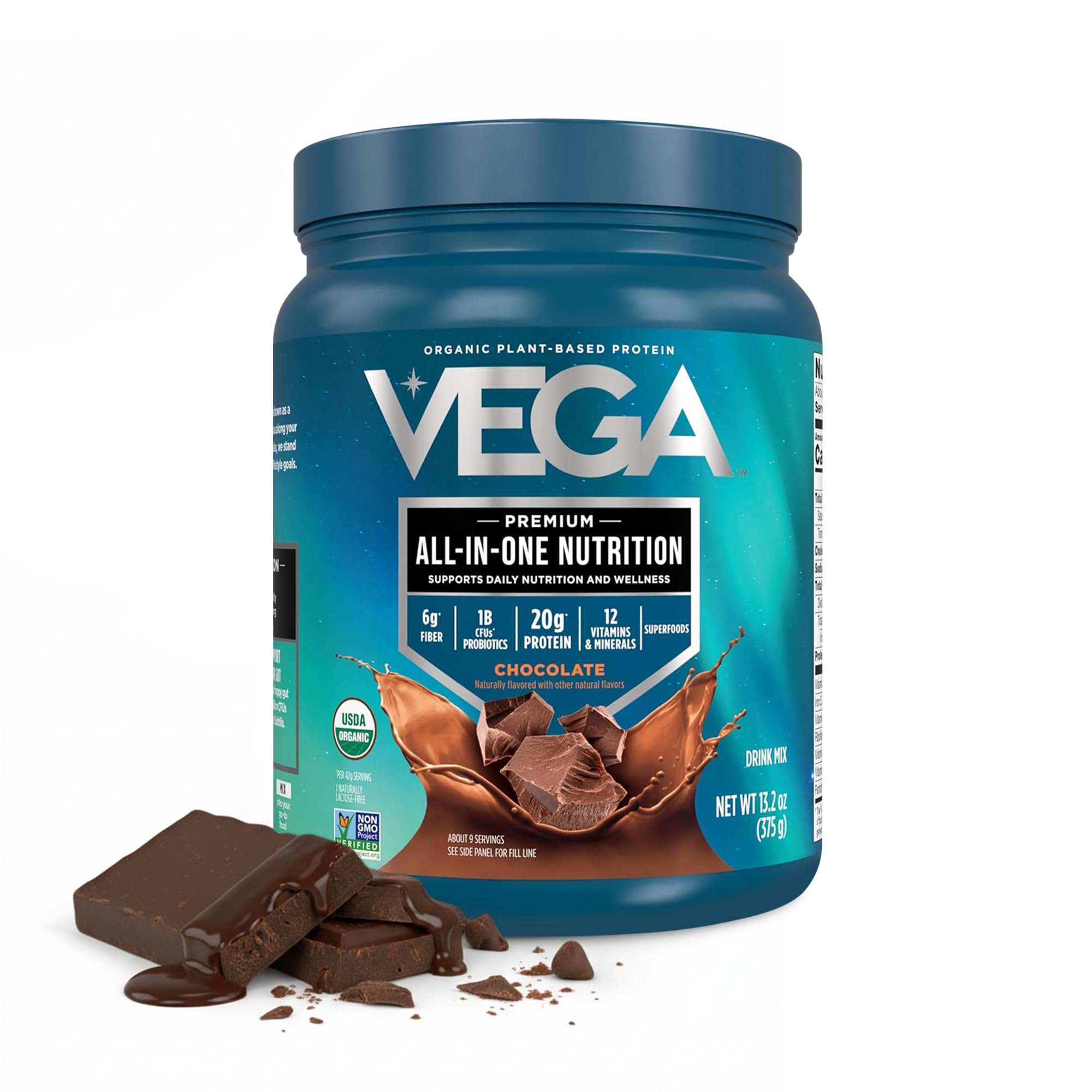 Vega Suplemento para Substituição de Refeição com Proteína Vegana Orgânica de Ervilha, 20 g, Chocolate, 9 porções, 374 g