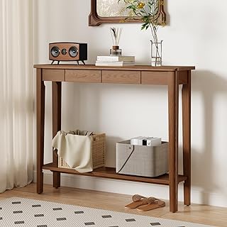 AQIMUELE Wood Console Table with Drawers, Mid Century Modern Console Table Walnut for Entryway, Living Room, Hall Way.
