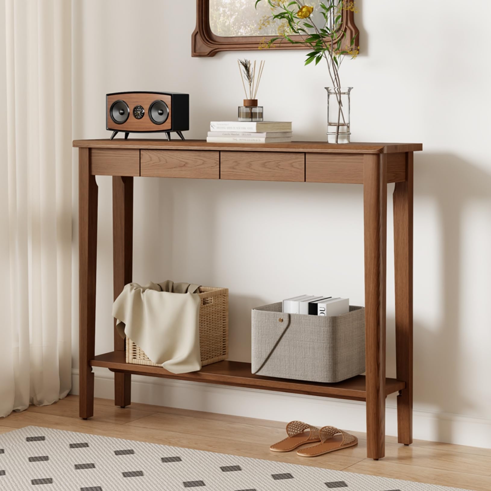 AQIMUELE Wood Console Table with Drawers, Mid Century Modern Console Table Walnut for Entryway, Living Room, Hall Way.