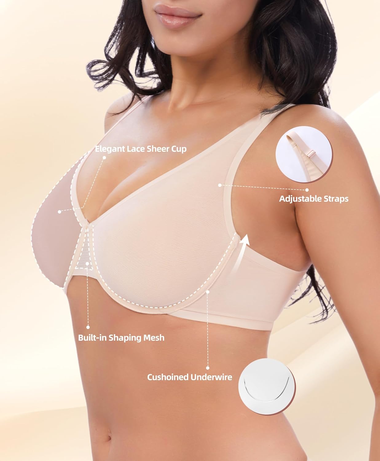 Women's Sheer Balconette Bra Sexy Mesh Full Coverage See Through Unlined Underwire Supportive Plunge Bras - Image 2