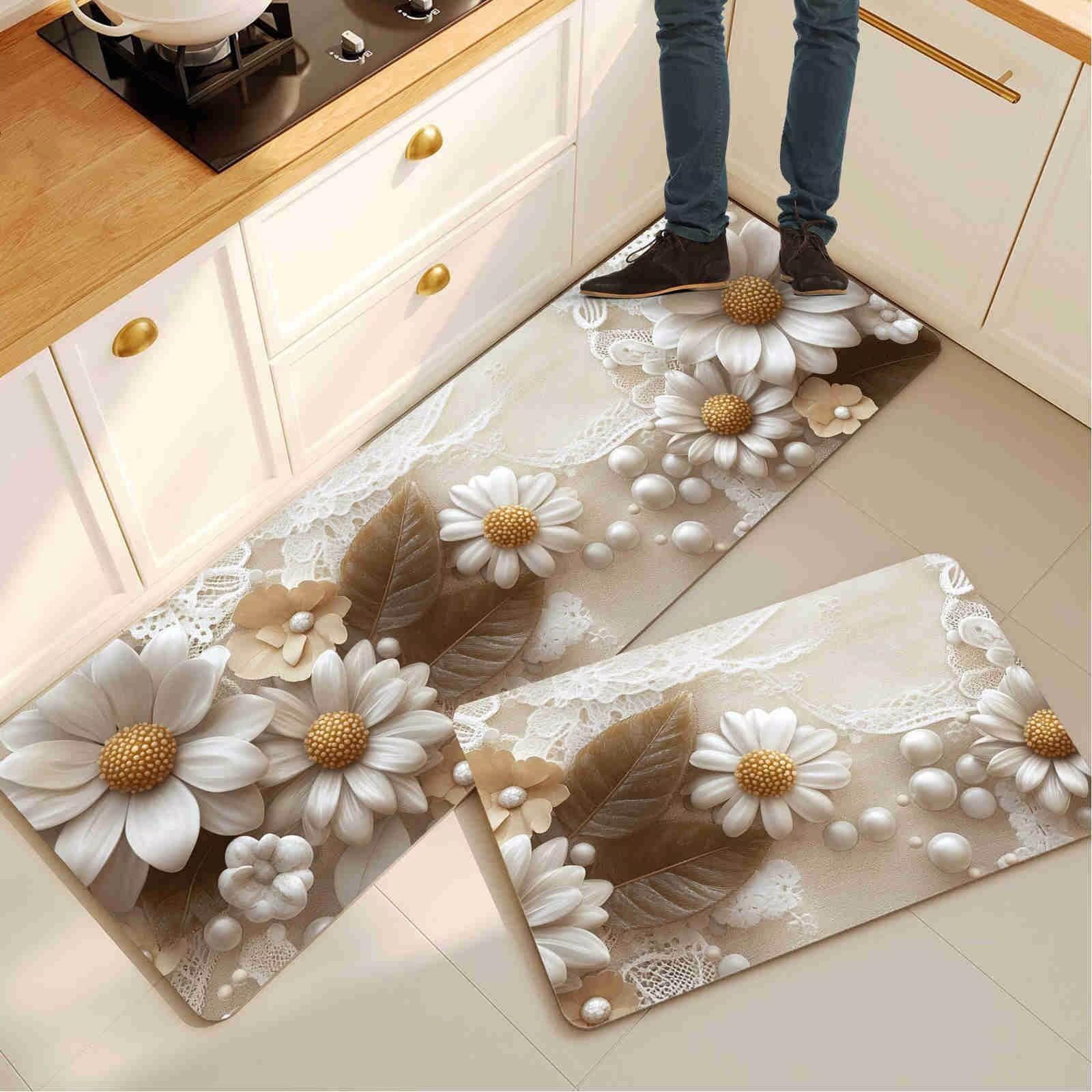 Tapis de cuisine absorbant tapis de sol lavable et tapis couloir lot de 2 motif fleur