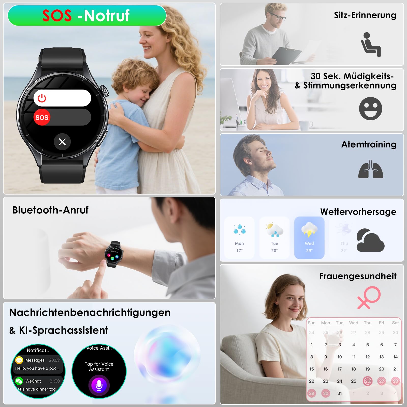 2026 Neu Smartwatch Herren mit EKG/Blutdruck/Harnsäure/Schlaf/HRV/LED-Licht | 1,56"AMOLED Rund Gesundheitsuhr mit Emotion/Stimmung/BMI/SpO2/Körpertemperatur/Pulsuhr,SOS-Notruf Fitnessuhr für iOS Android