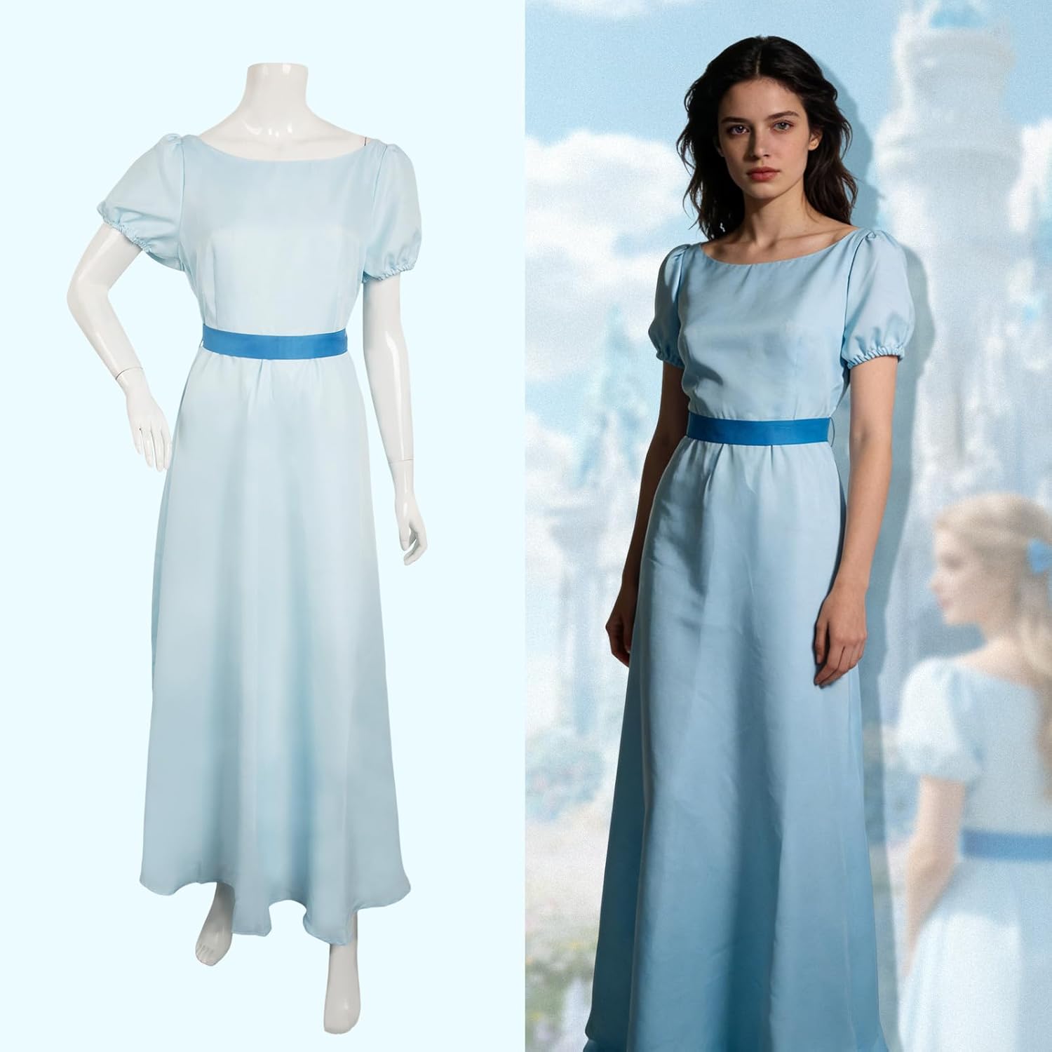Sinastar Womens Blue Dress Costume Girls Cosplay Summer Dress Blue Bow Tie Hairwear Belt Adults Halloween Outfits