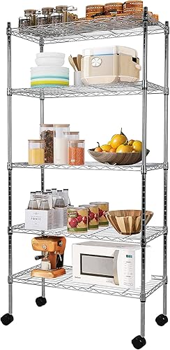 Estantería de alambre de metal de 5 niveles con rueda, estante alto de almacenamiento, estantes de almacenamiento certificados NSF, 220 libras de