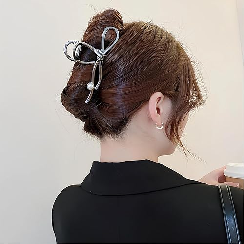 Miniatura 6 de Pinzas de metal negro con diseño de perlas blancas, elegantes horquillas francesas, pinzas de mandíbula negras para cabello grueso y fino, sin