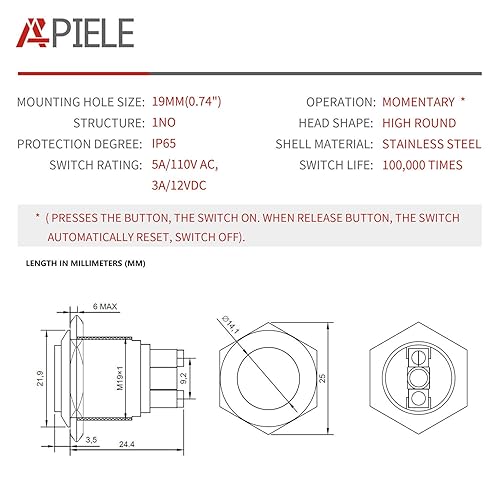 Miniatura 2 de GQ19F-10 - Interruptor momentáneo sin lámpara 1NO 19 mm., Alto, redondo