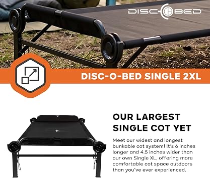 Disc-O-Bed 2XL Outdoor Modular 1 Person Single Camping Cot Portable Bed with 2 Height Options for Adults, Sleep Solution for Tents, Black
