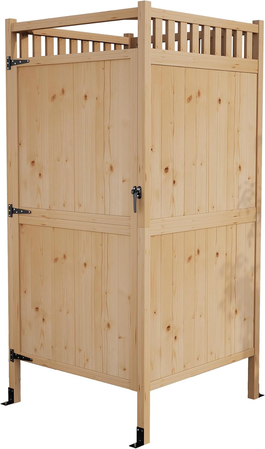 Solid Wood Outdoor Shower Enclosure Kit with Lockable Privacy Stall and Changing Room, Freestanding Natural Wooden Cabana with Shelf and Stainless Steel Towel Bar for Backyard Poolside & Garden