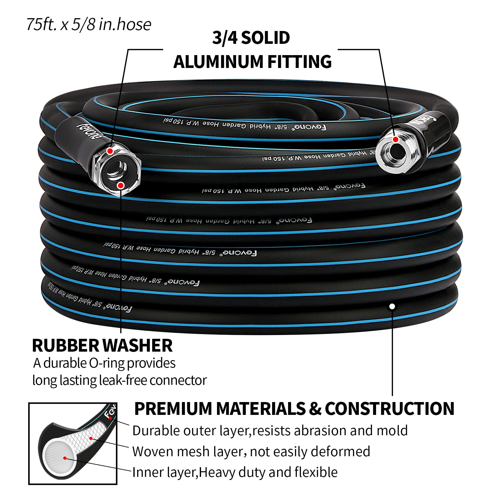 Fevone Garden Hose 75ft Heavy Duty Water Hose 5/8 Garden Hose Flexible Lightweight Garden Hoses 75 feet, 3/4 Solid Aluminum Fittings