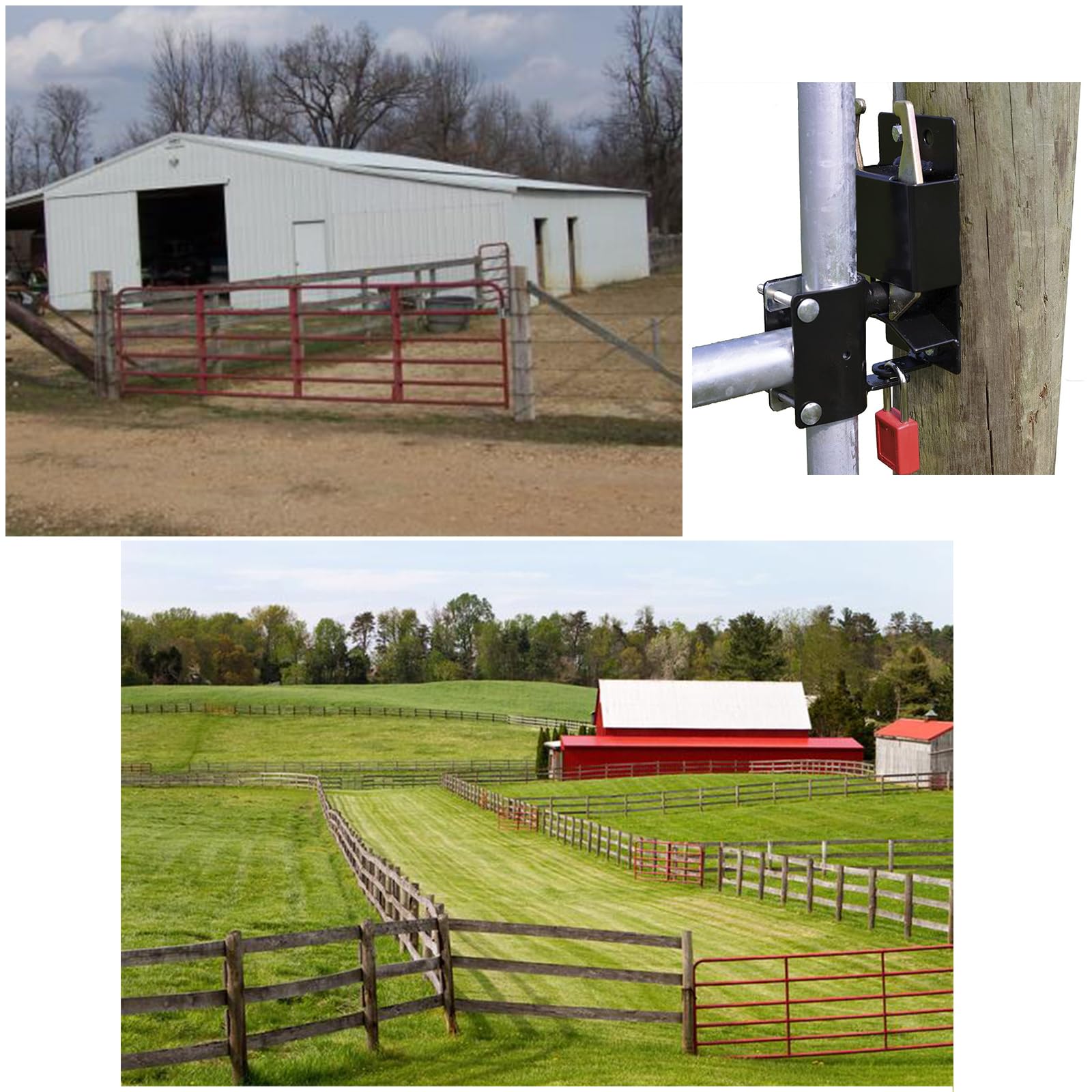 Loquet de portail de ferme à 2 voies pour portails métalliques bétail, bétail, matériel d'utilisation pour chevaux, corrals, ranchs, etc. (1, noir)