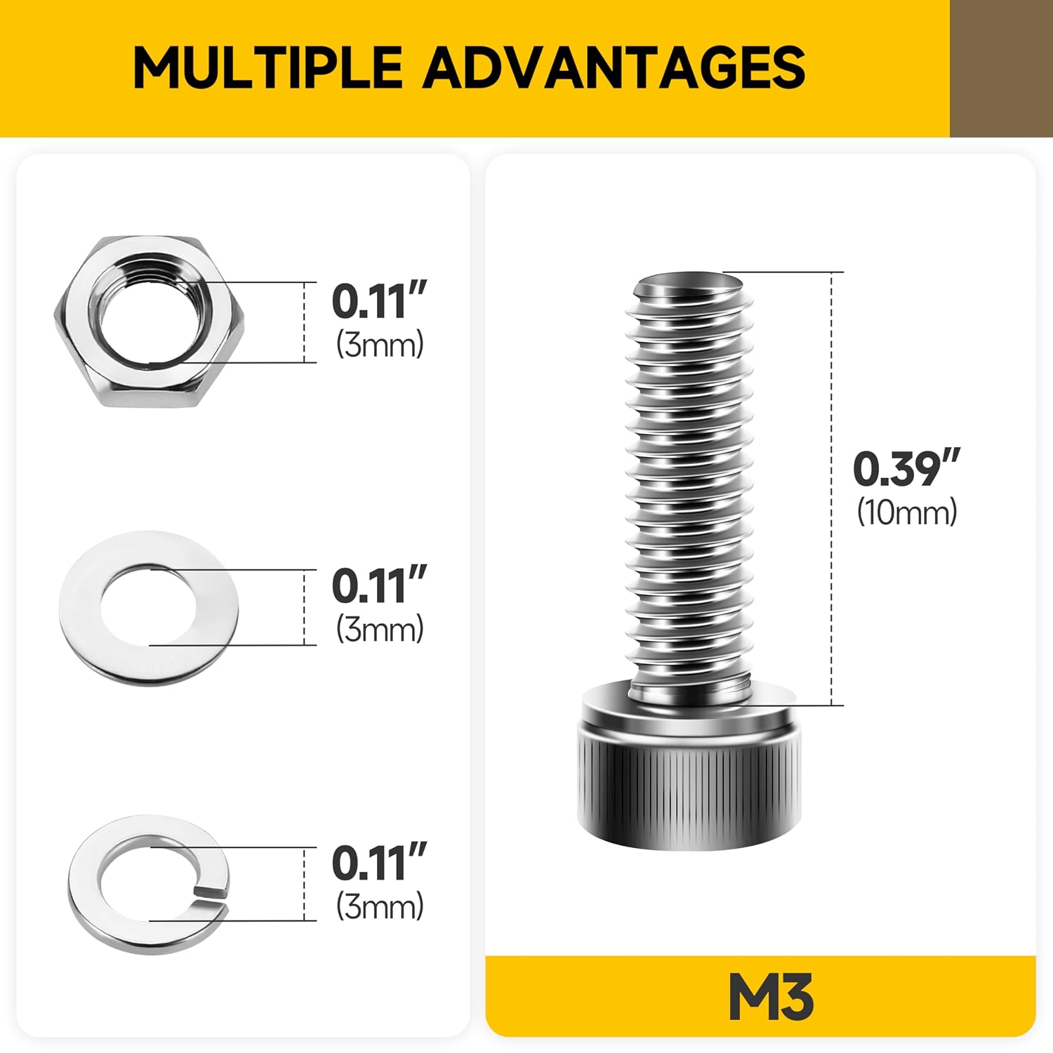 Mywish (100Sets) M3 Bolts, M3 x 10mm Socket Head Cap Screws Bolts, 304 Stainless Steel Allen Socket Hex Drive Screws, Bright Finish Kit with Nuts and Washers & Hex Spanner