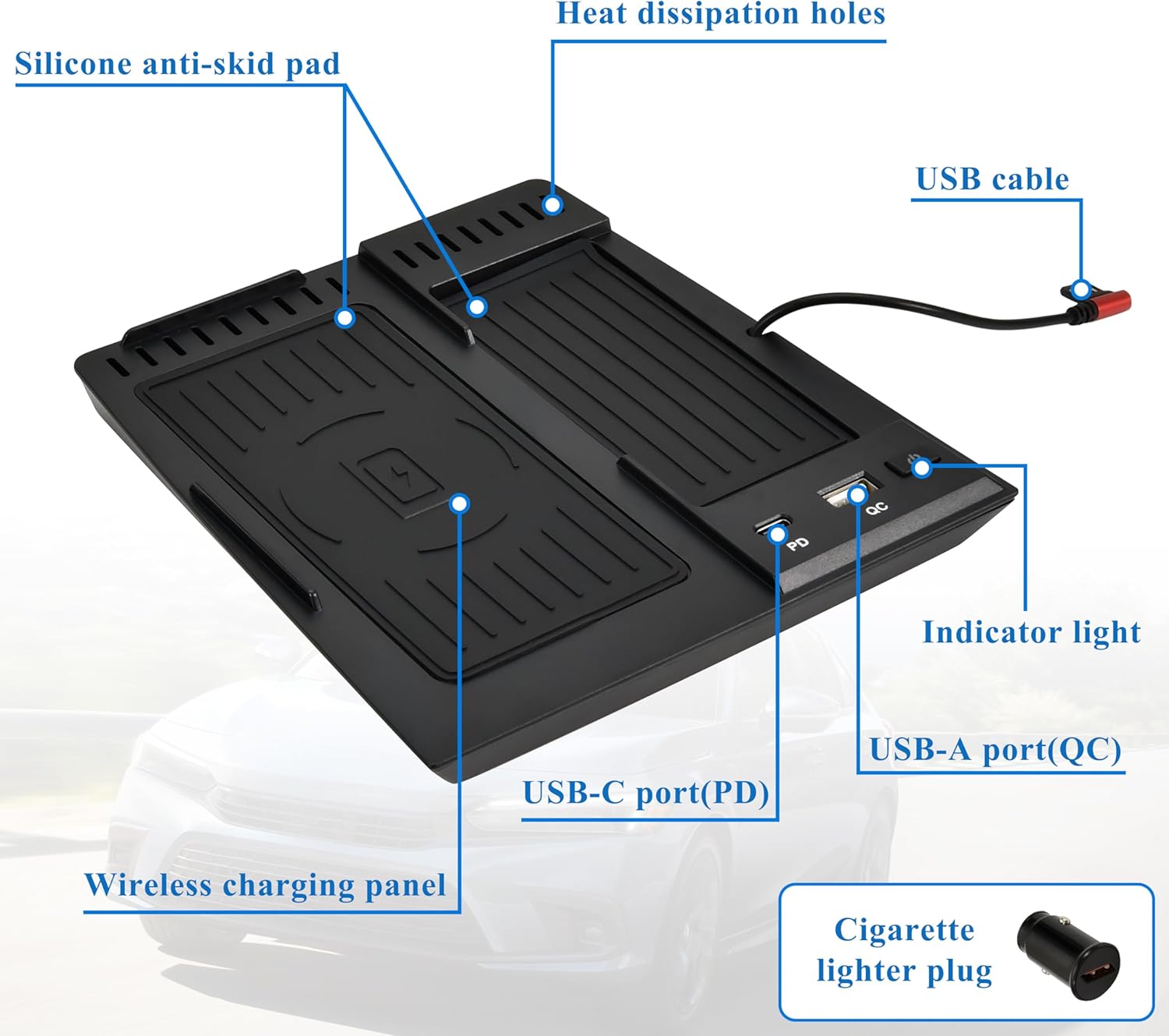 Wireless Charger for 2022+ Honda Civic, 30W Fast Charging USB-A USB-C 15W Wireless Charger Panel with Anti-Slip Silicon Mat for Honda Civic 2022 2023 2024 Accessories