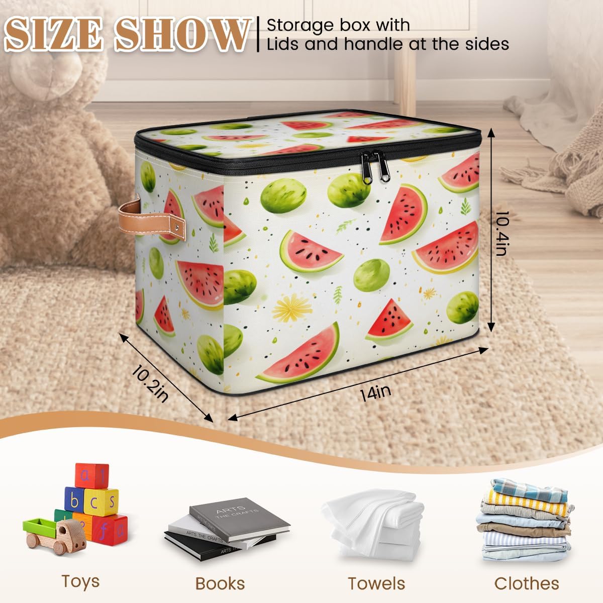 Storage Bin Set of 2 Summer Watermelon Storage Basket with Zipper Lid & Handle Foldable Closet Shelf 2 Pack Cloth Organizer Basket Cube Bins Clothes Organizer for Nursery, Bedroom