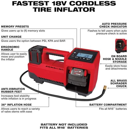 Miniatura 4 de Compresores de aire para inflador inalámbrico de iones de litio Milwaukee 2848-20 M18 18V - Herramienta desnuda