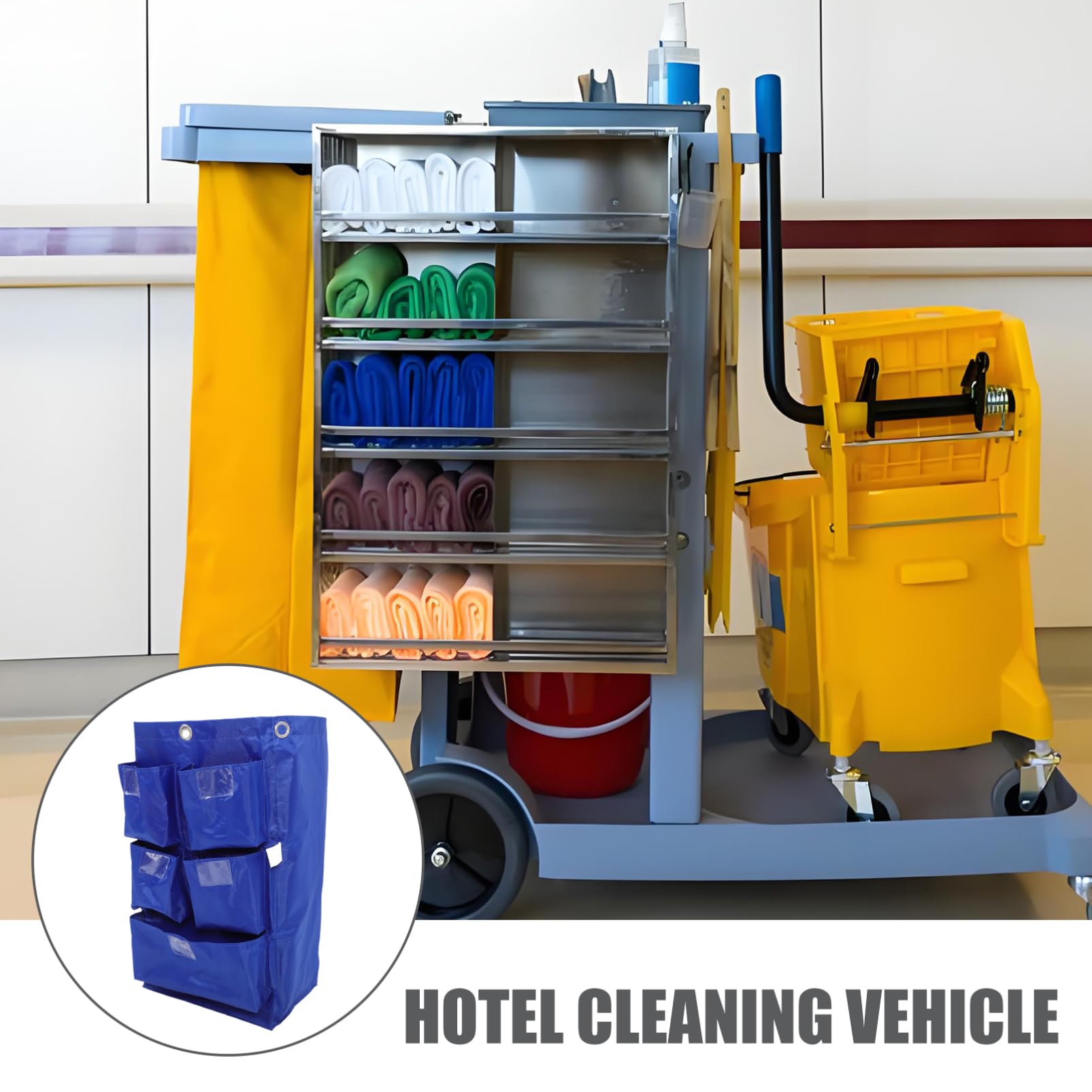 Bolsa de Limpieza para Carrito Tejido Oxford Azul, Reutilizable y Diseño Multifuncional Adecuado para Limpieza y Mantenimiento en Hoteles