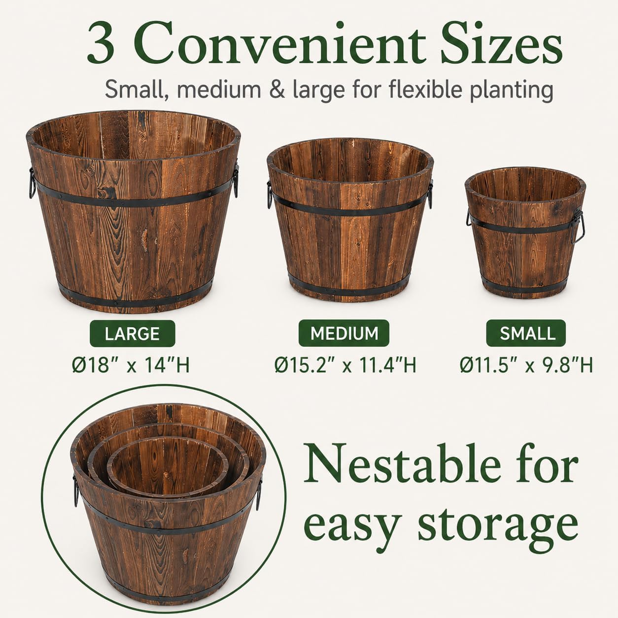 BNSPLY 3 Pcs Wooden Planter Barrel Set, Outdoor Flower Pots with Handle & Drainage Holes, Rustic Whiskey Barrel Planter for Plants, Herbs, Veggies, Indoor Outdoor Use
