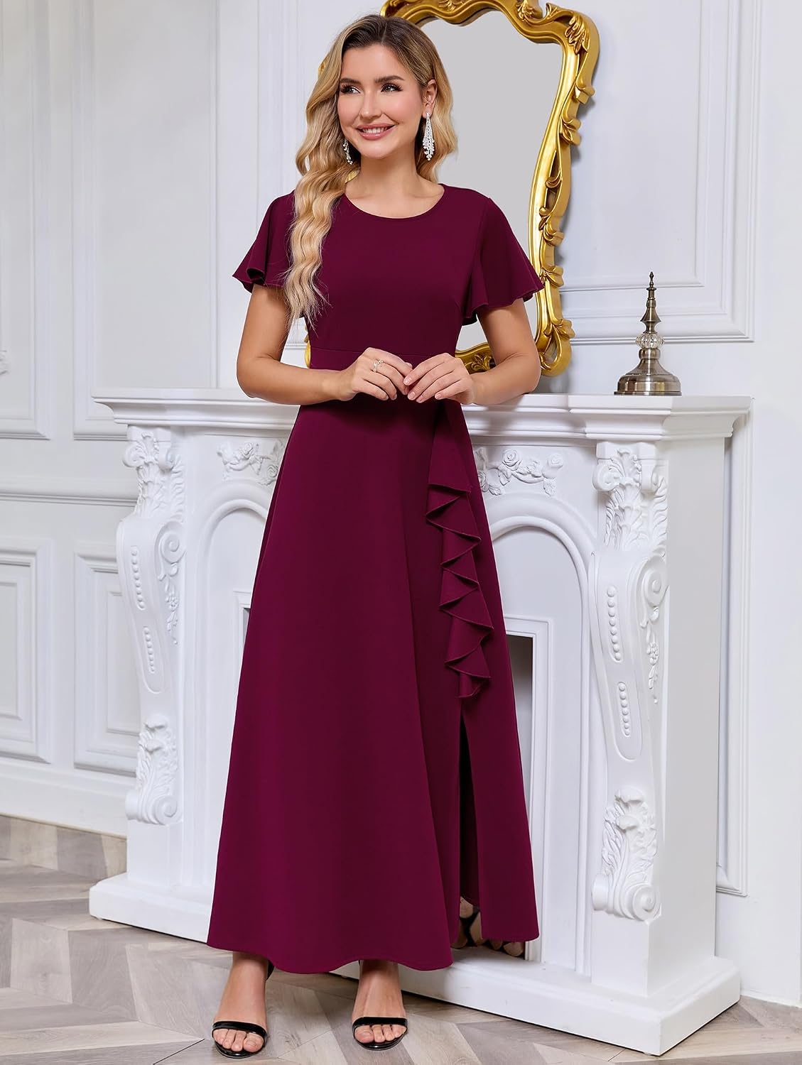 Women’s A-Line Ruffle Maxi Wedding Guest Dresses Short Sleeve Formal Evening Gowns