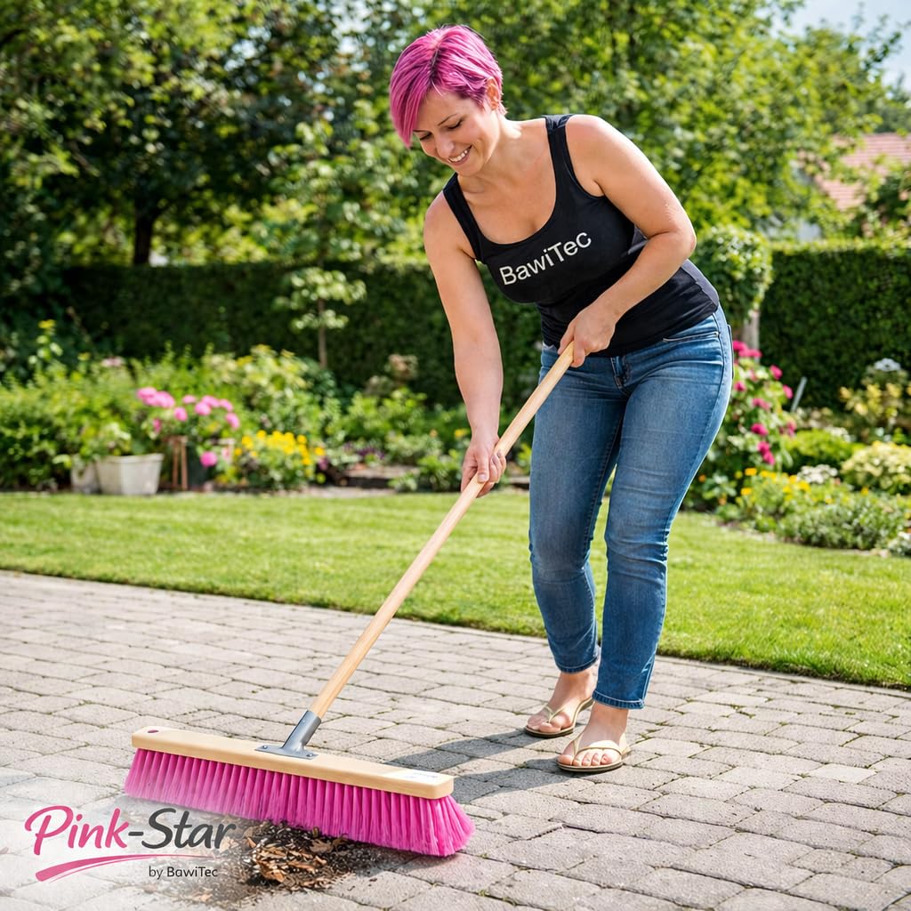 Pink-Star Besen Handfeger Set Straßenbesen mit Pinken Borsten Komplett-Set mit Stiel Besenstiel Hochwertig Langlebig für Draußen Garten Werkstatt Haus und Hof 60cm mit Holzstiel
