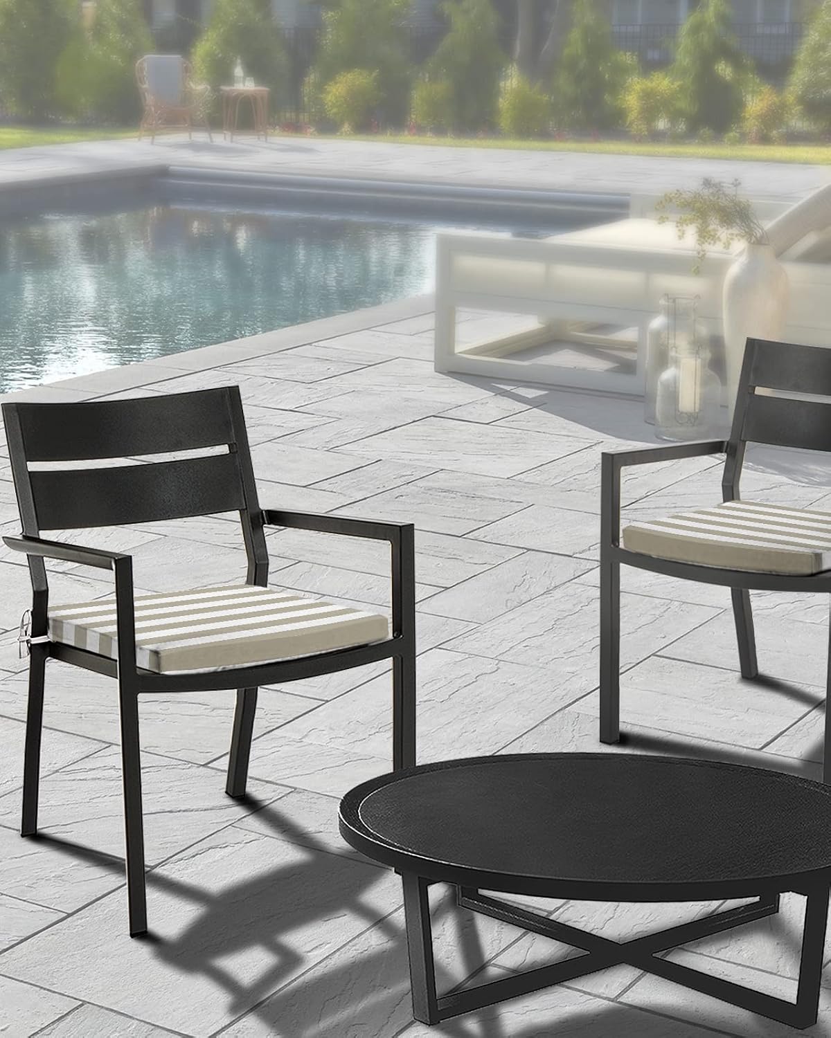 Beige White Striped Waterproof Cushion Covers Replacement 22x20In, Classic Horizontal Stripes Set of 4 Indoor Outdoor Chair Seat Cover Patio Cushion Slipcovers for Beach Pool Side Chair Sofa