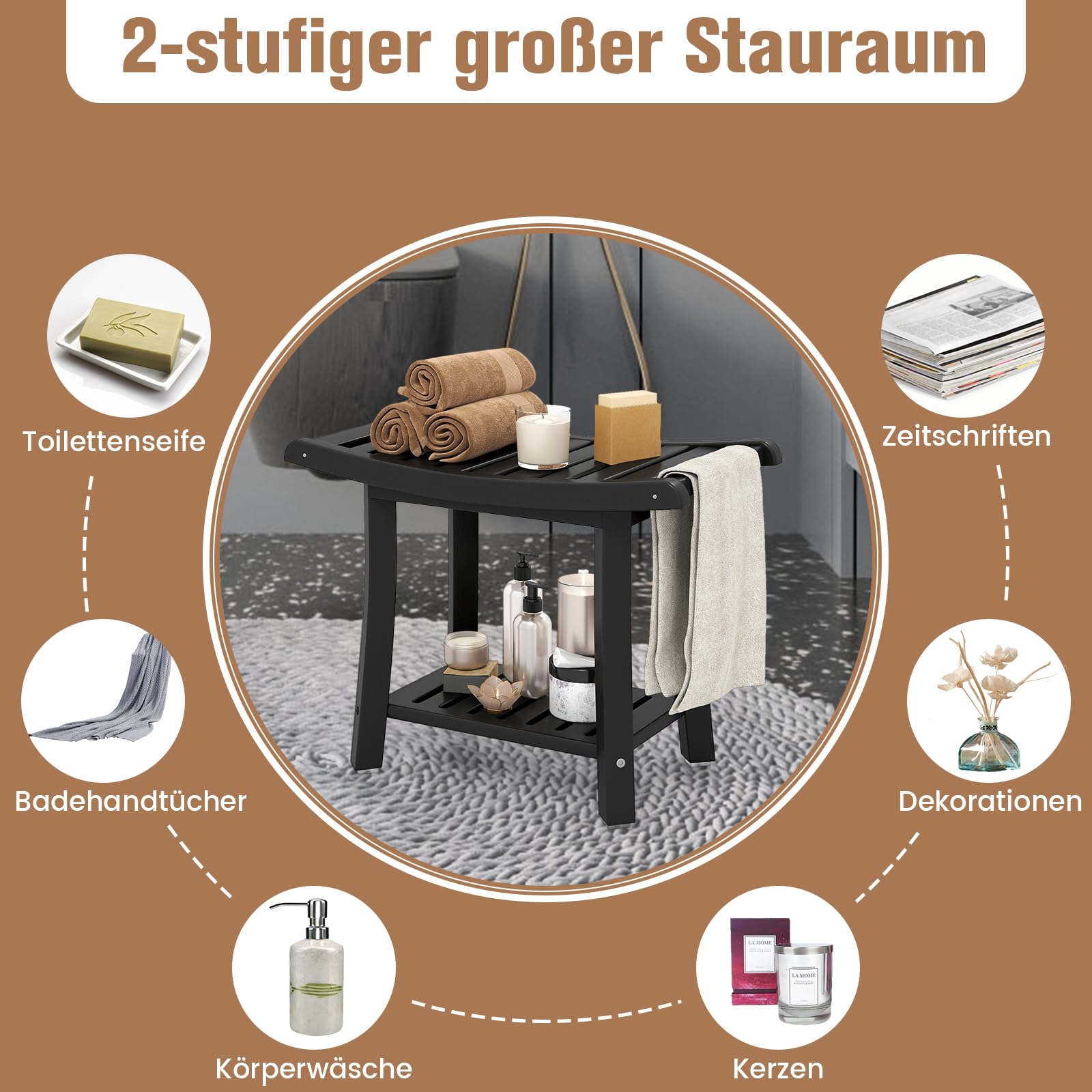 COSTWAY Duschbank Bad, Sitzbank mit Ablage, Badhocker 170 kg belastbar, Badezimmerbank Duschstuhl, Duschhocker für Erwachsene, Senioren, 60,5 x 34 x 48 cm (Schwarz)