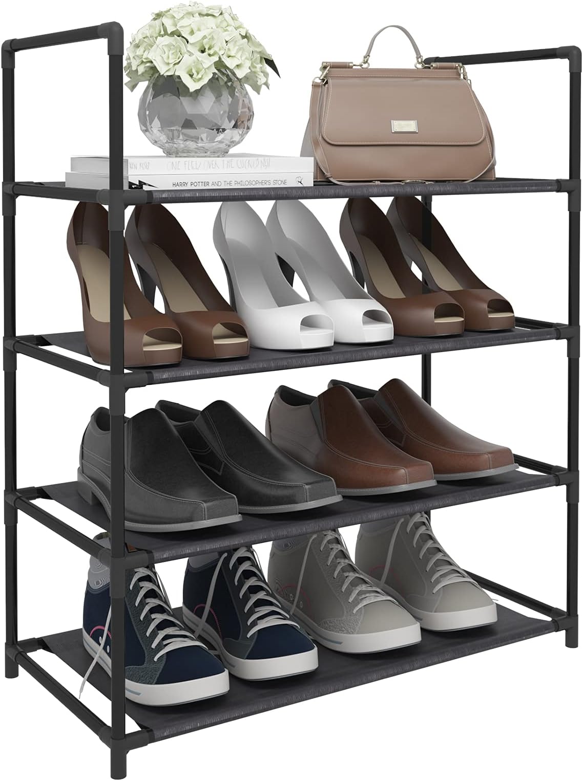 WOLTUSR0007 Shoe Rack with 4 Shelves Shoe Rack Black Shoe Stand Boltless Shelving Fabric Shelf Shoe Cabinet for 12 Pairs of Shoes Hallway Bedroom 60 x 28 x 71 cm