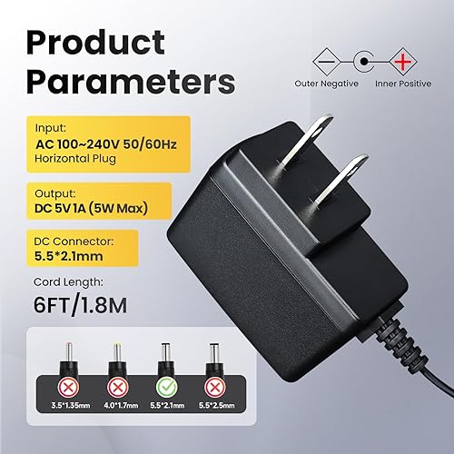 Miniatura 2 de Adaptador de fuente de alimentación de 5 V 1 A 6 pies con 8 puntas, cargador de 5 W CACC CA 100V-240V a CC 5Volt 1Amp 0.5A Cable de alimentación de