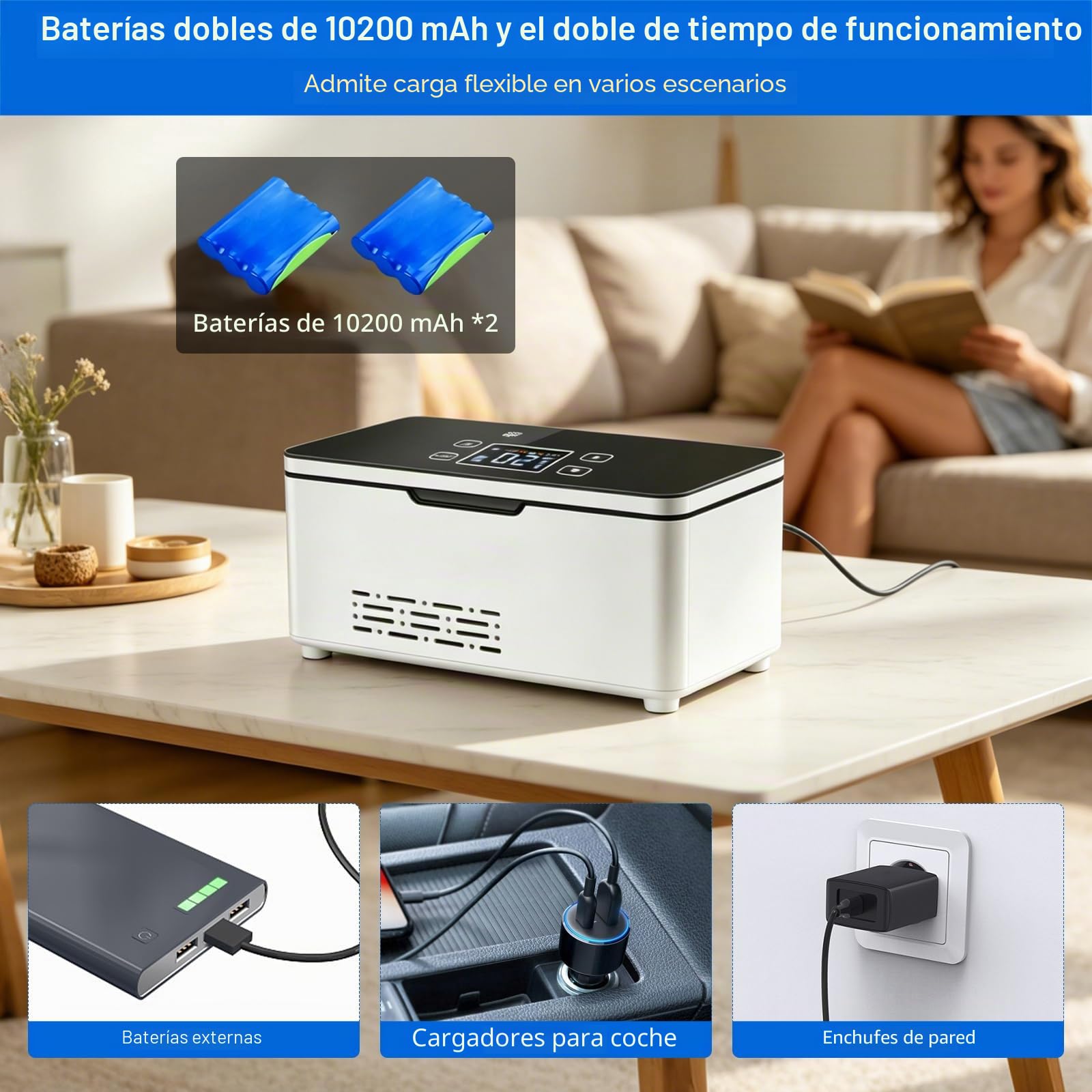Nevera portátil de insulina, 2 – 8 °C, refrigerador de medicina con batería de 2 x 10200 mAh y bolsa de transporte, advertencia inteligente de batería, bolsa de insulina para casa, coche y