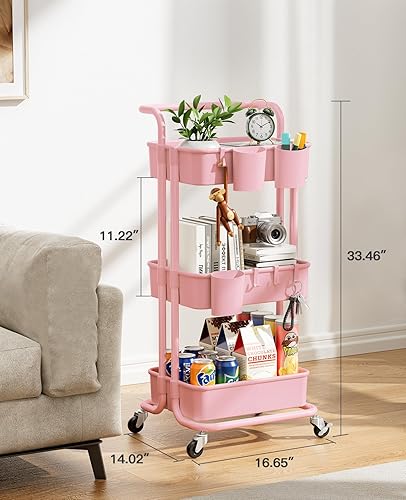Miniatura 5 de Pipishell Carrito rodante de 3 niveles con ruedas, carrito de almacenamiento rodante con 3 tazas colgantes y 4 ganchos, carrito de utilidad móvil,