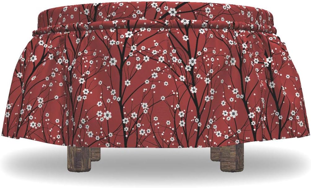 Lunarable Floral Ottoman Cover, Cherry Blossom Tree Petals, 2 Piece Slipcover Set with Ruffle Skirt for Square Round Cube Footstool Decorative Home Accent, Standard Size, Ruby White Black