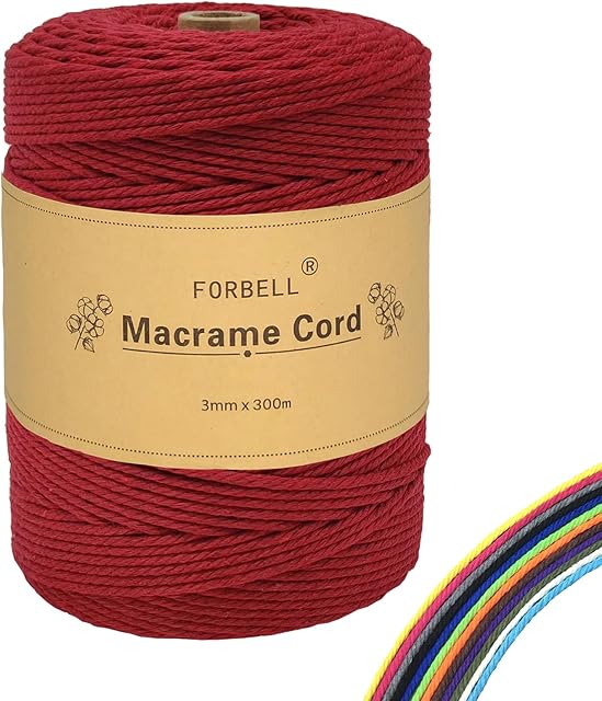 FORBELL Przędza do makramy, 3 mm x 300 m przędza bawełniana premium, rękodzieło "zrób to sam" (bordowa czerwona)