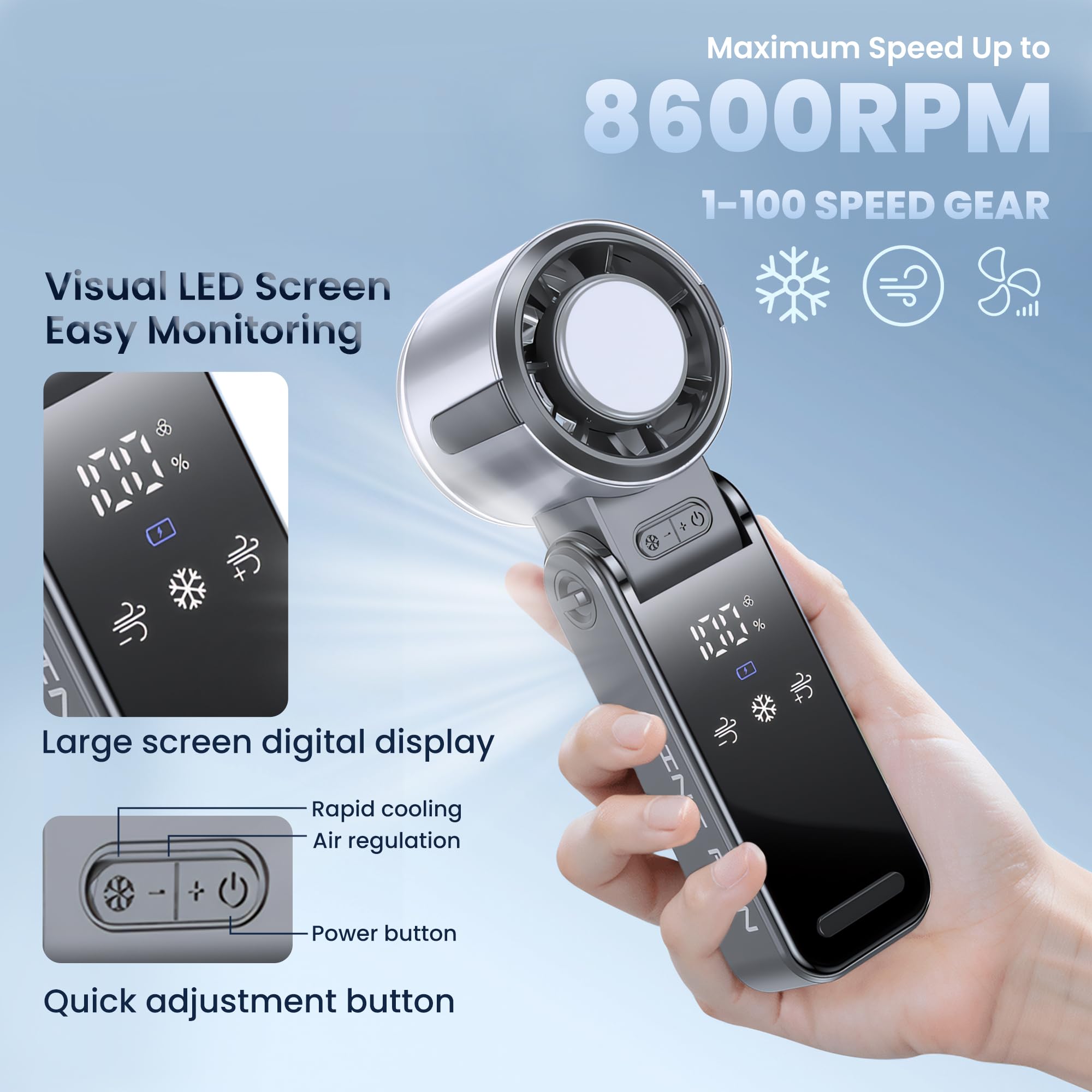 Ventilador portátil 3 en 1 con enfriador de hielo, ventilador de mano de alta velocidad, recargable por USB, mini personal con 12 horas de tiempo de enfriamiento máximo, funciona con pilas