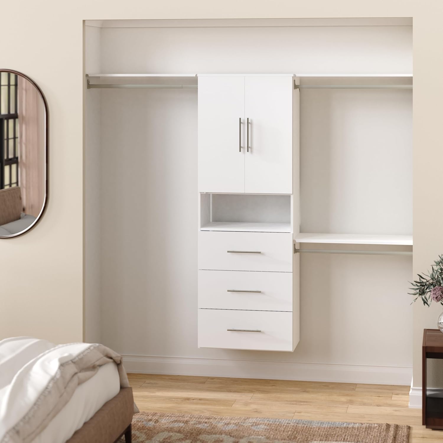 (7 boxes to pick up)ClosetMaid SuiteSymphony Modern Hanging Closet Kit Includes (1) Tower, (3) Closet Rods, (4) Shelves, (3) Top Shelves w/Brackets, (3) Drawers, and (1) Closet Door Set, White (3) Drawers, (1) Closet Door Set - Modern