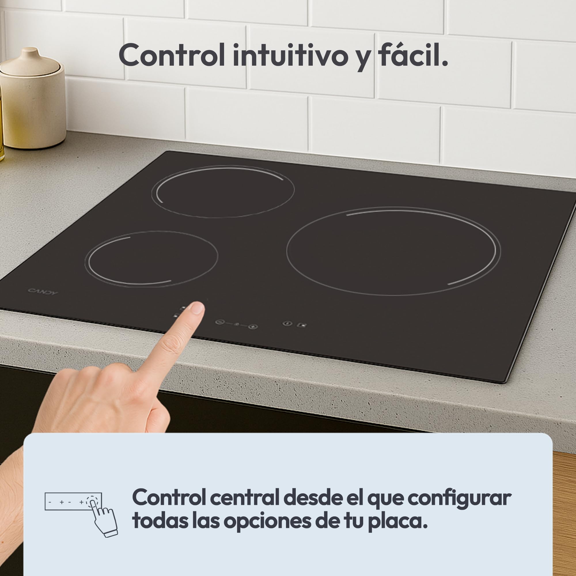 Candy Timeless CH63CC/4U2, Placa Vitrocerámica, 3 Zonas, 60CM, 10 Niveles de Potencia, 5,5KWMandos Centrales, Bloqueo de Seguridad, Indicador de Calor, Alerta Sobrecalentamiento y Derrames, Negro — view 4