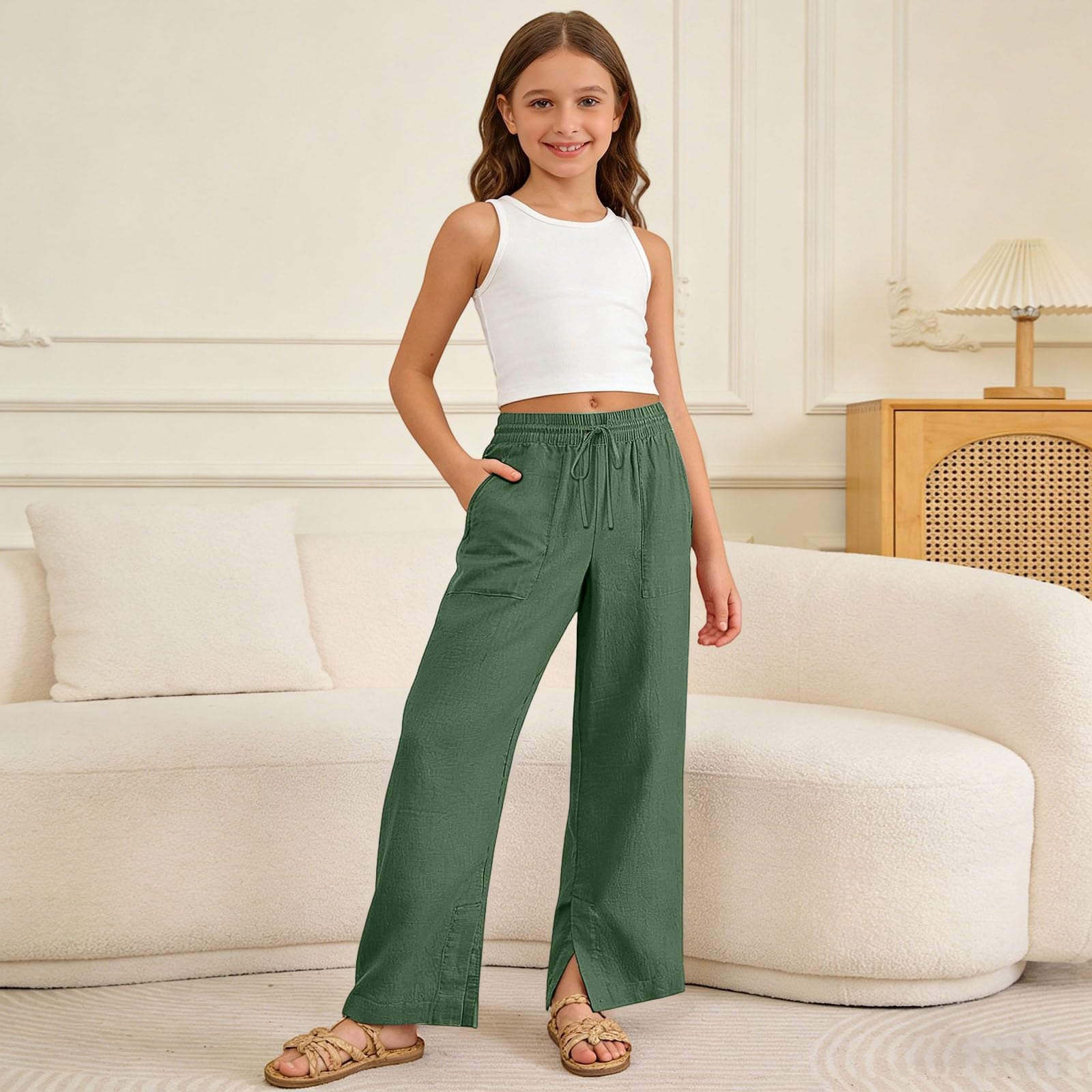 Pantalon en Lin Fille Été Fluide Léger Large Pantalon avec Poches Taille Haute Chic et Elegant Coton et Lin Sweatpants Taille Élastique Décontracté Fluide Ample Respirant pour Enfants 4-14 Ans