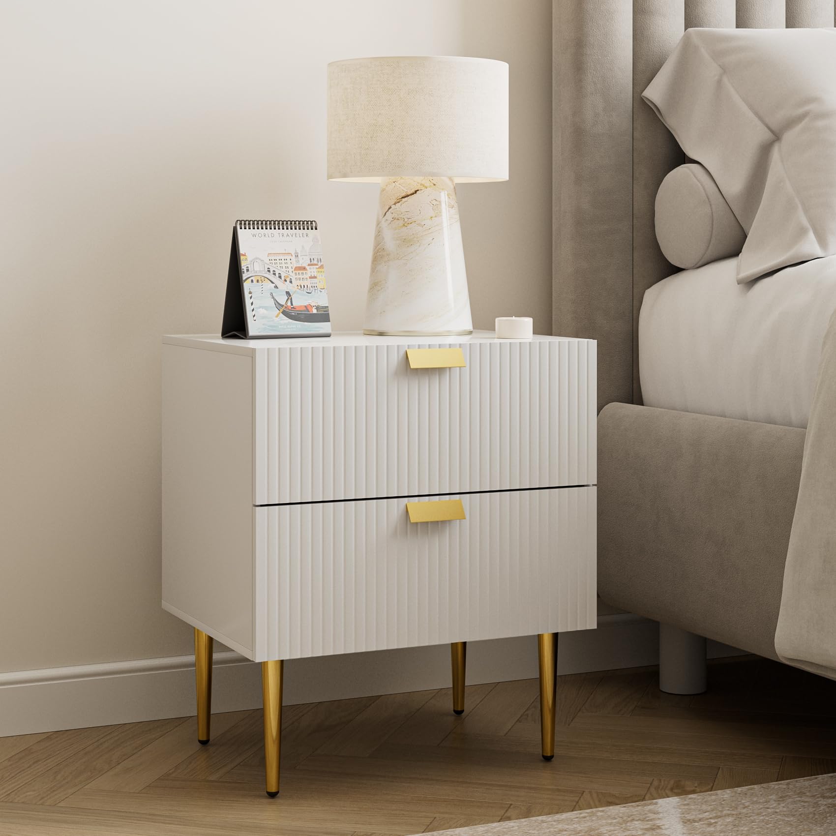 nightstand with drawers, large fluted night stand, end table for living room, mid century modern bedside table for bedroom (11-white stripe, 2 drawer)