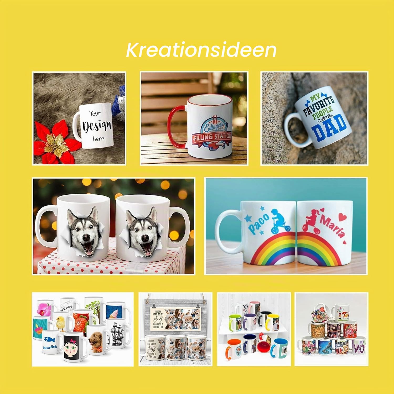 Sublimation weiße Kaffeetassen mit großem Griff, 325 ml, blanko, bedruckt mit Box, 24 Stück