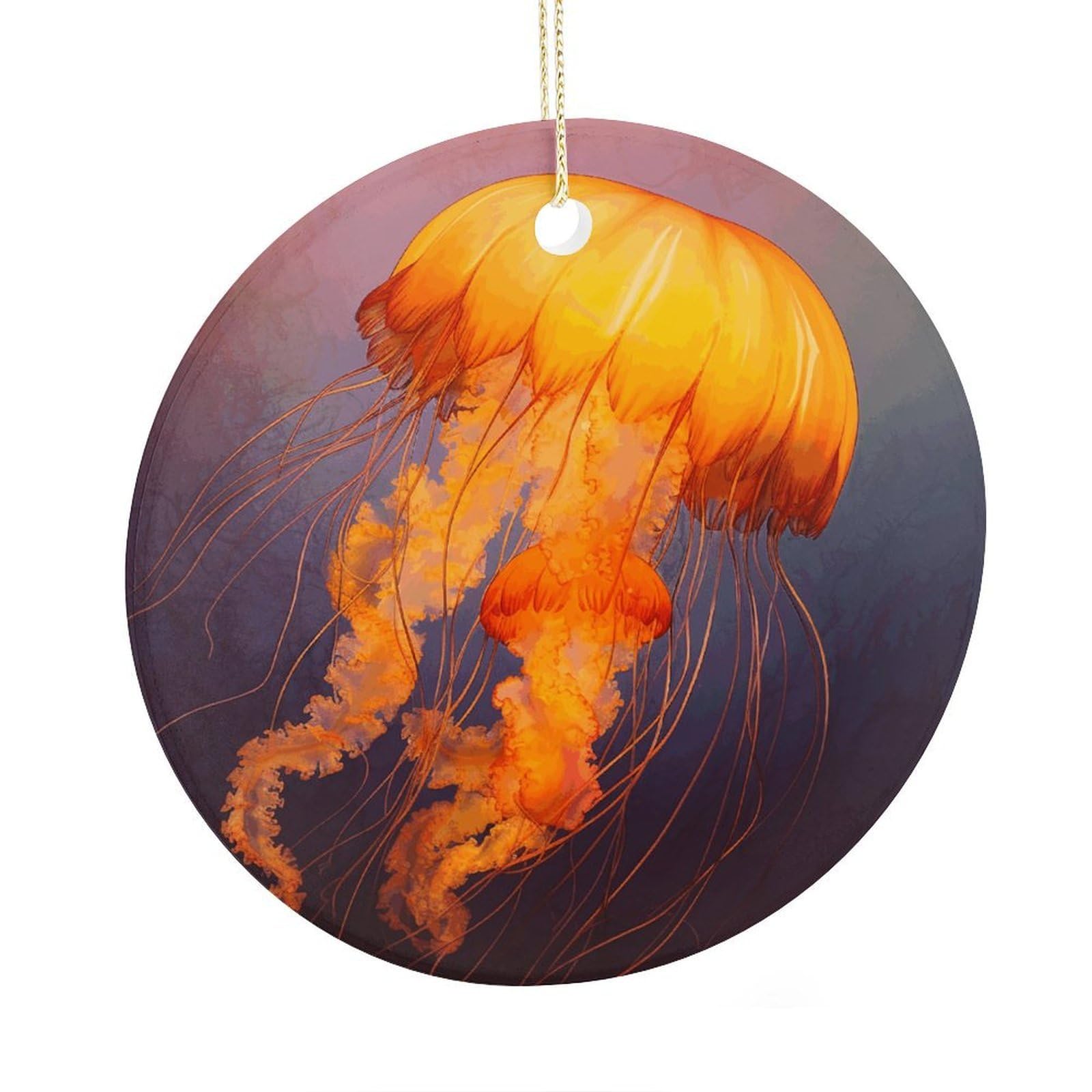 Fekiloot Style Jellyfish Orange Christmas Ornaments 2.9 Inch Round Ceramic Ornament Keepsake Thank You Gifts For Office, Room, Home - Holiday Present Ideas